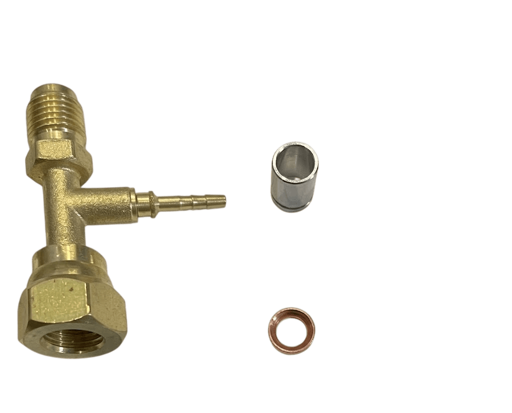 Kit Racor TEE - tuerca flare 1/4" x válvula 1/4" x 1 manguera 5,8mm